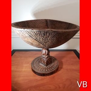 Vintage Hand Carved Pedestal Wooden Bowl